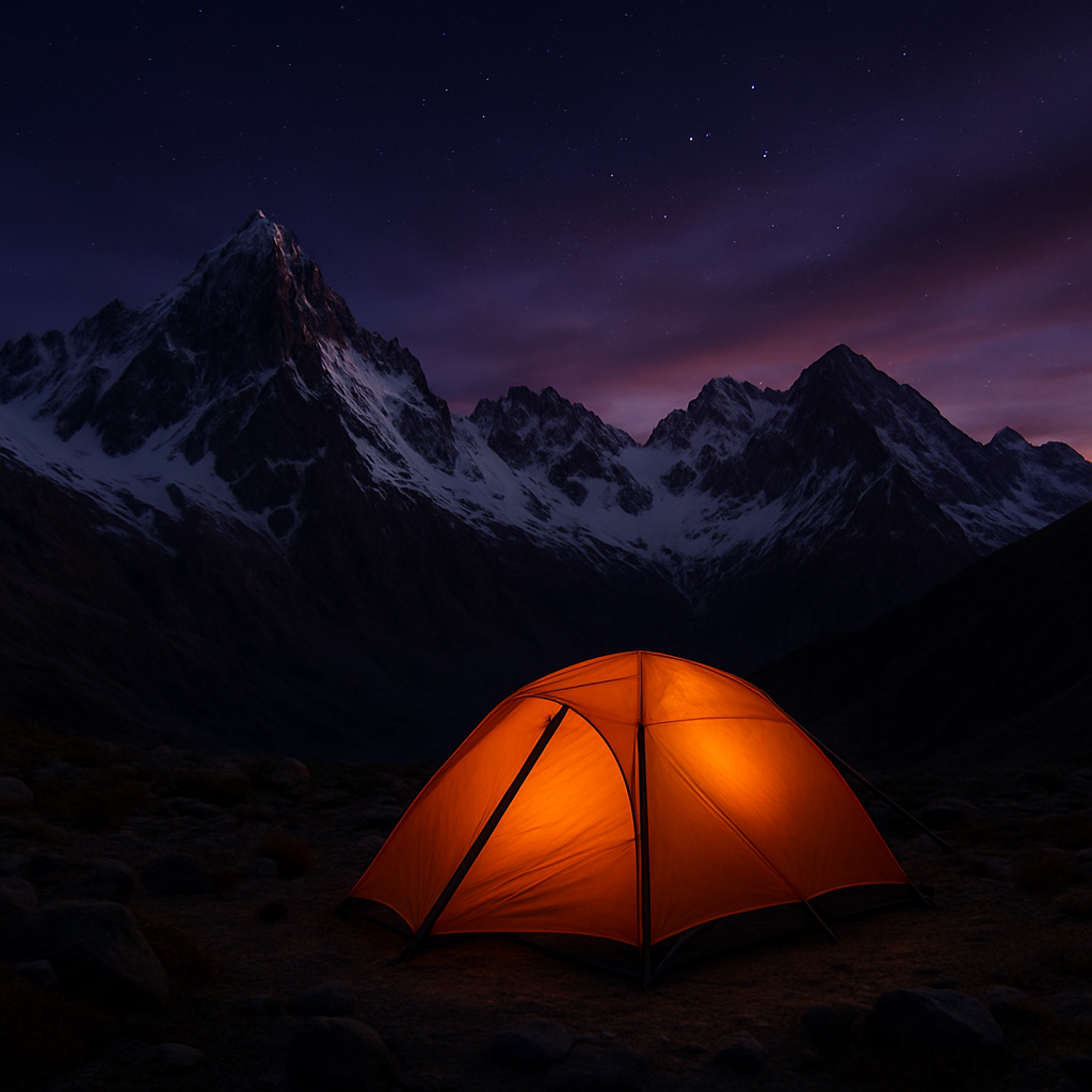 Carpa naranja en campamento de alta montaña al atardecer con picos nevados