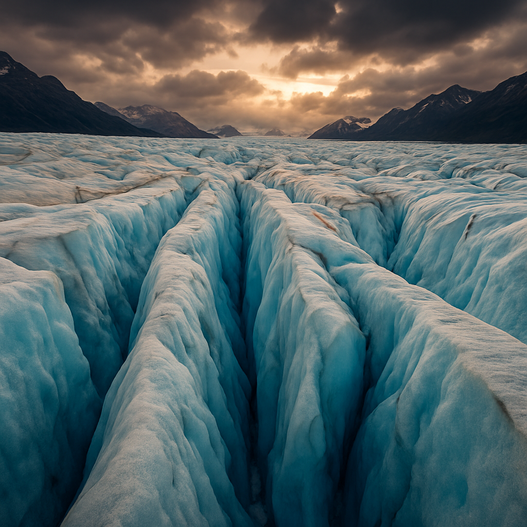 Superficie de glaciar con crevases profundas y formaciones de hielo azul