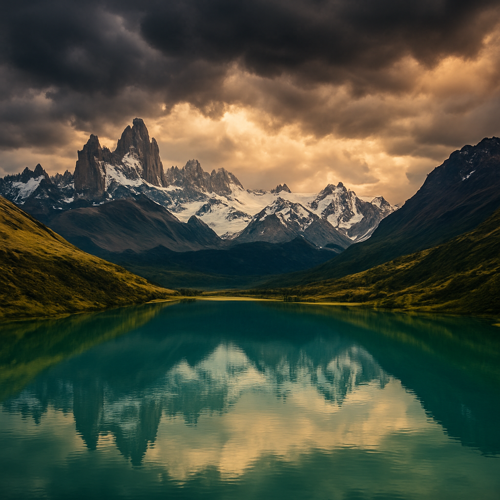Lago glacial turquesa con cumbres nevadas de los Andes